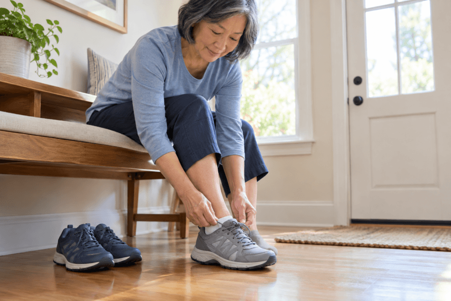 Supportive walking shoes for seniors on a wooden floor.