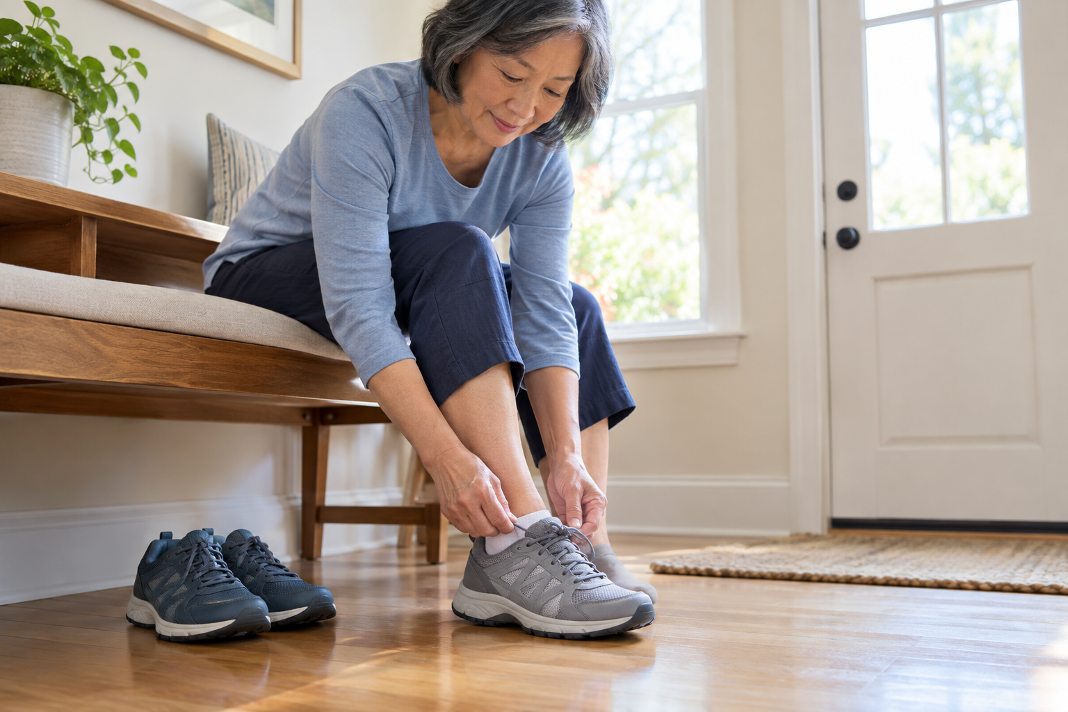 Supportive walking shoes for seniors on a wooden floor.