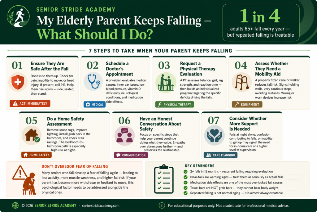 Infographic showing 7 steps to take when an elderly parent keeps falling, created by a licensed physical therapist