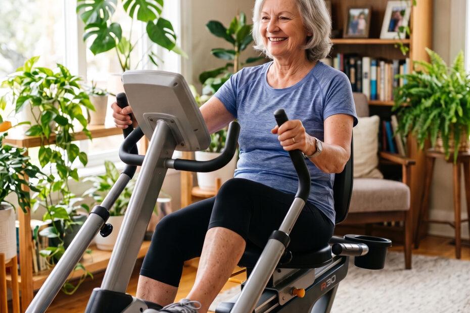 Senior woman exercising on a recumbent cross trainer at home