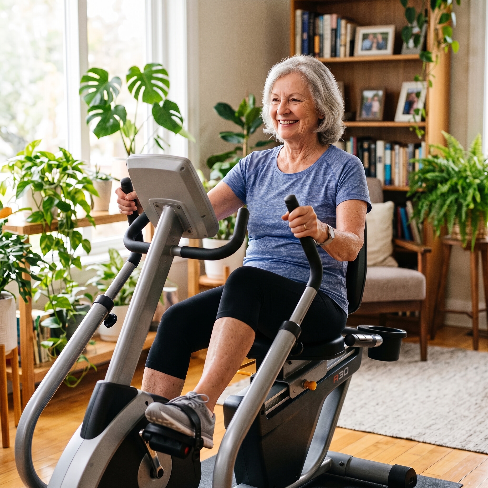 Senior woman exercising on a recumbent cross trainer at home