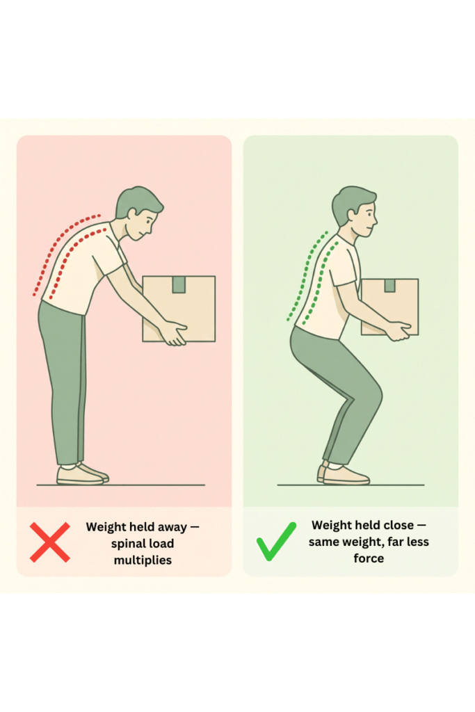 why holding weight away from your body strains the spine