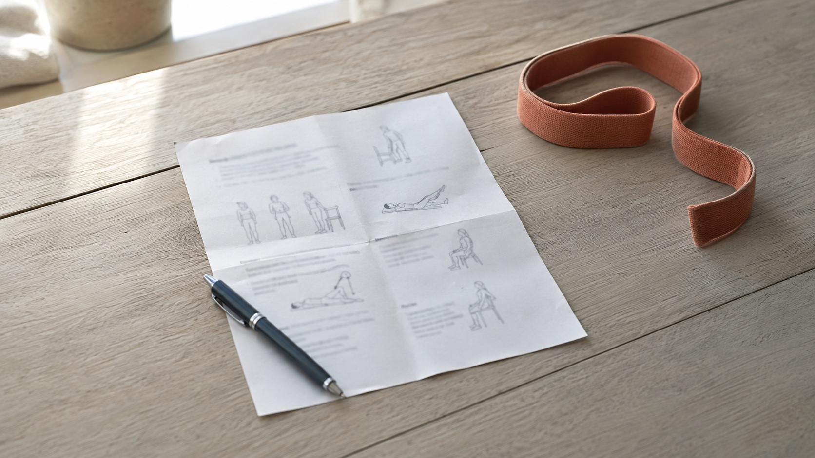 A printed exercise sheet and resistance band on a kitchen table — home exercises after hip replacement surgery.