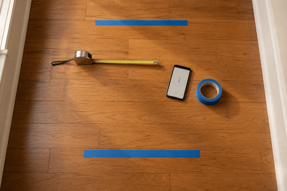 tape measure, phone stopwatch, and blue floor tape laid out in a hallway for a walking speed test