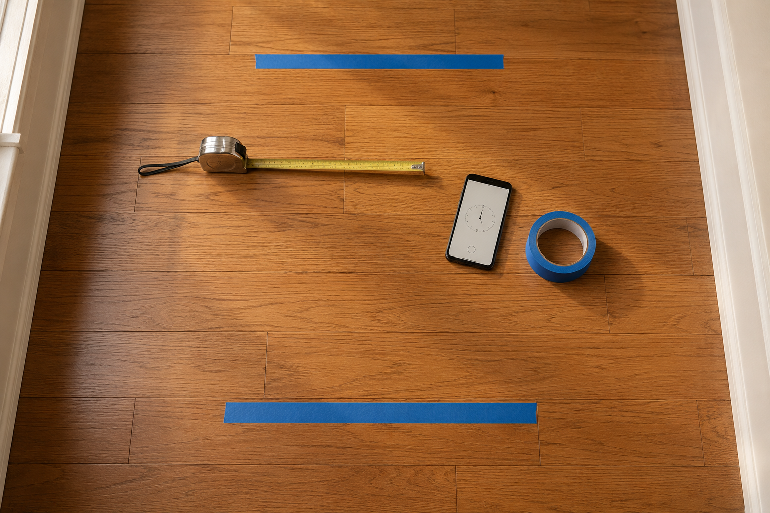 tape measure, phone stopwatch, and blue floor tape laid out in a hallway for a walking speed test
