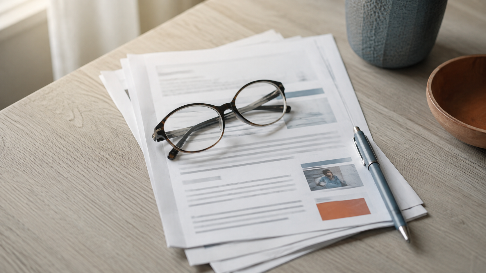 Printed surgical discharge instructions with reading glasses on a table — understanding your hip replacement precautions.
