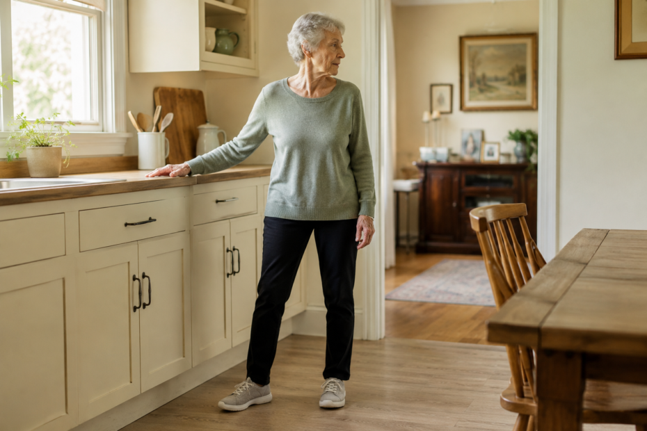 older woman turning safely in her kitchen, looking in the direction of the turn with feet apart