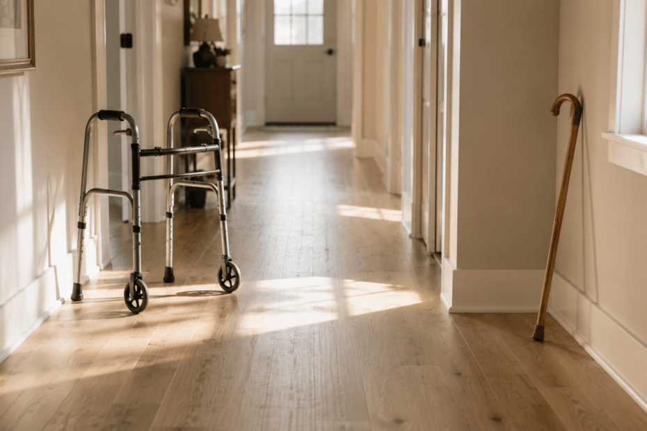 A walking cane hung on the back of a chair in a sunlit room — knowing when you're ready to stop using a walking aid after hip replacement.