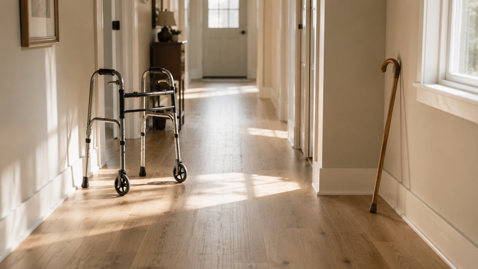 A walking cane hung on the back of a chair in a sunlit room — knowing when you're ready to stop using a walking aid after hip replacement.