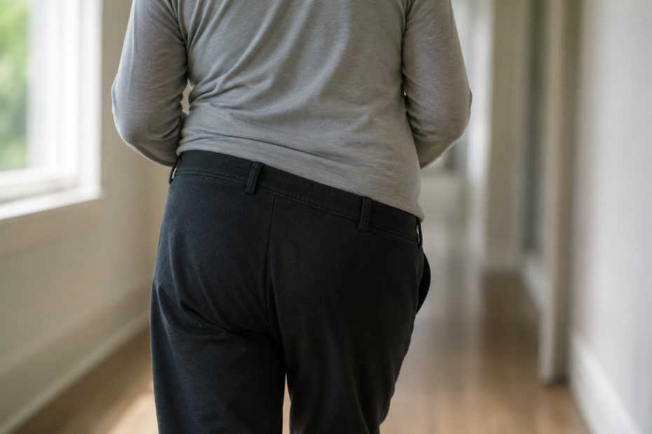 rear view of an older adult walking with one hip lower than the other