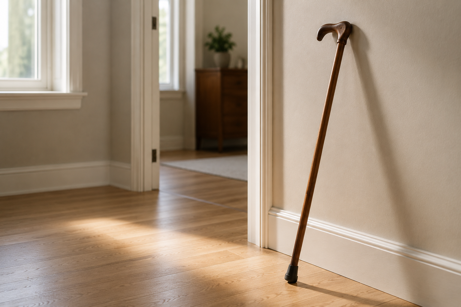 walking cane leaning by a doorway in a home hallway after hip replacement recovery