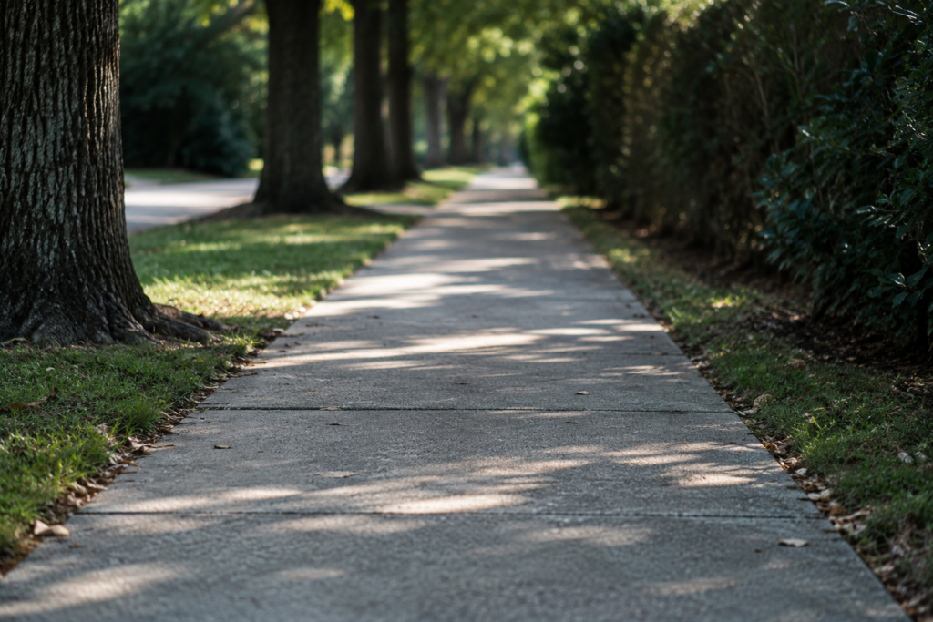 quiet suburban sidewalk on a sunny morning