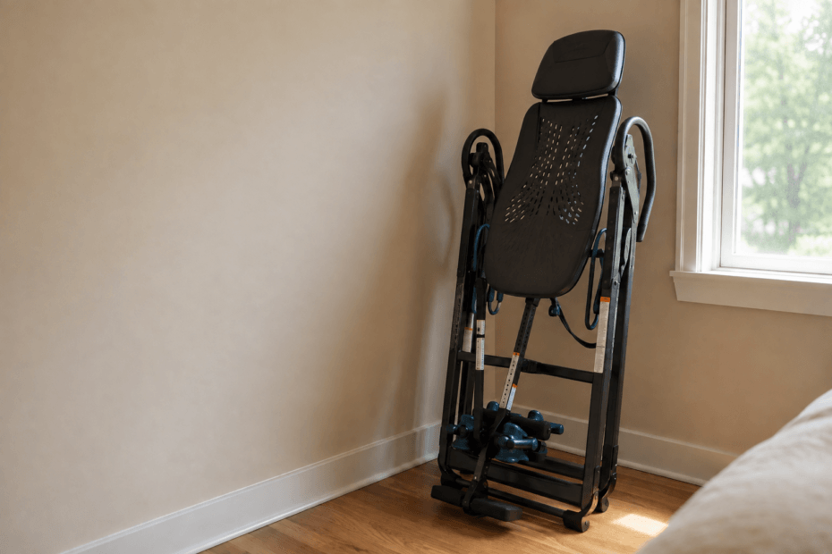 Folded inversion table in the corner of a sunlit bedroom.