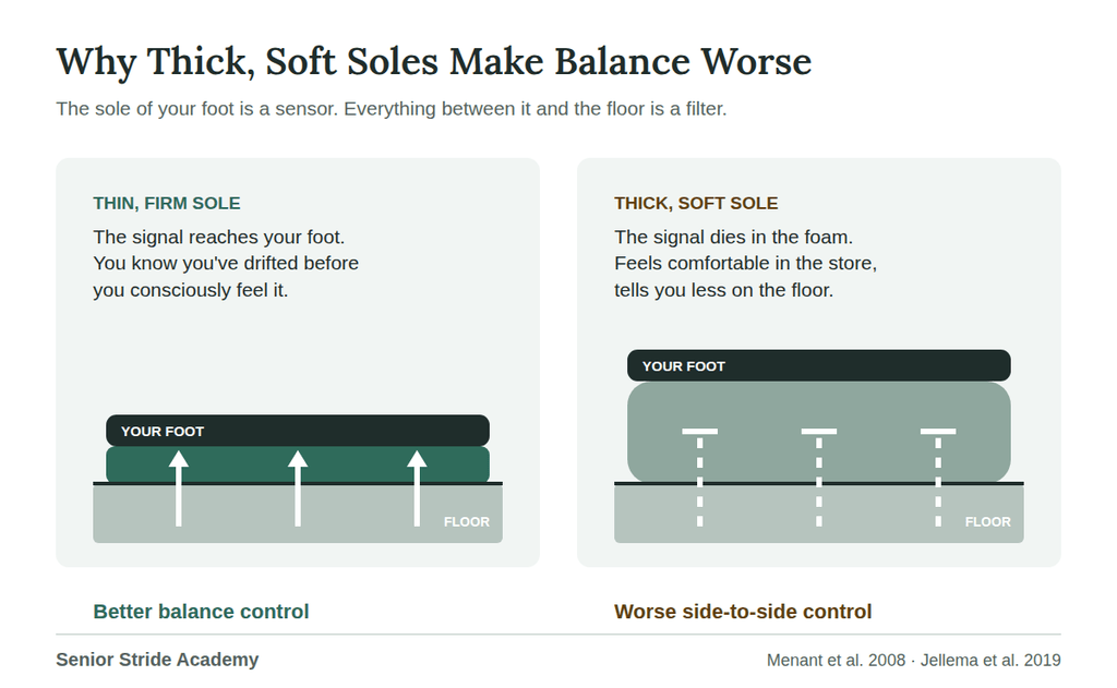 Diagram comparing a thin firm sole, which lets ground sensation reach the foot, with a thick soft sole that absorbs it.