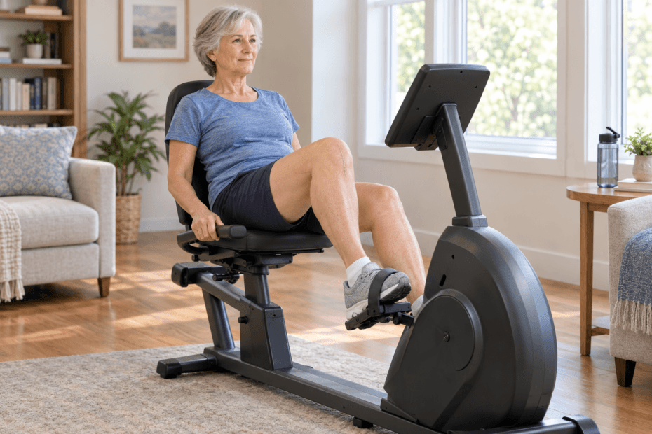Recumbent exercise bike set up at home for knee replacement recovery.
