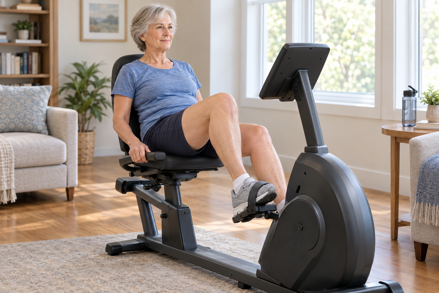 Recumbent exercise bike set up at home for knee replacement recovery.