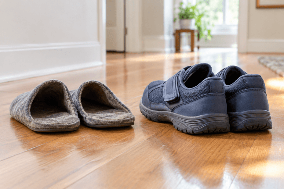 Supportive indoor shoes beside a pair of backless slippers on a hardwood floor.