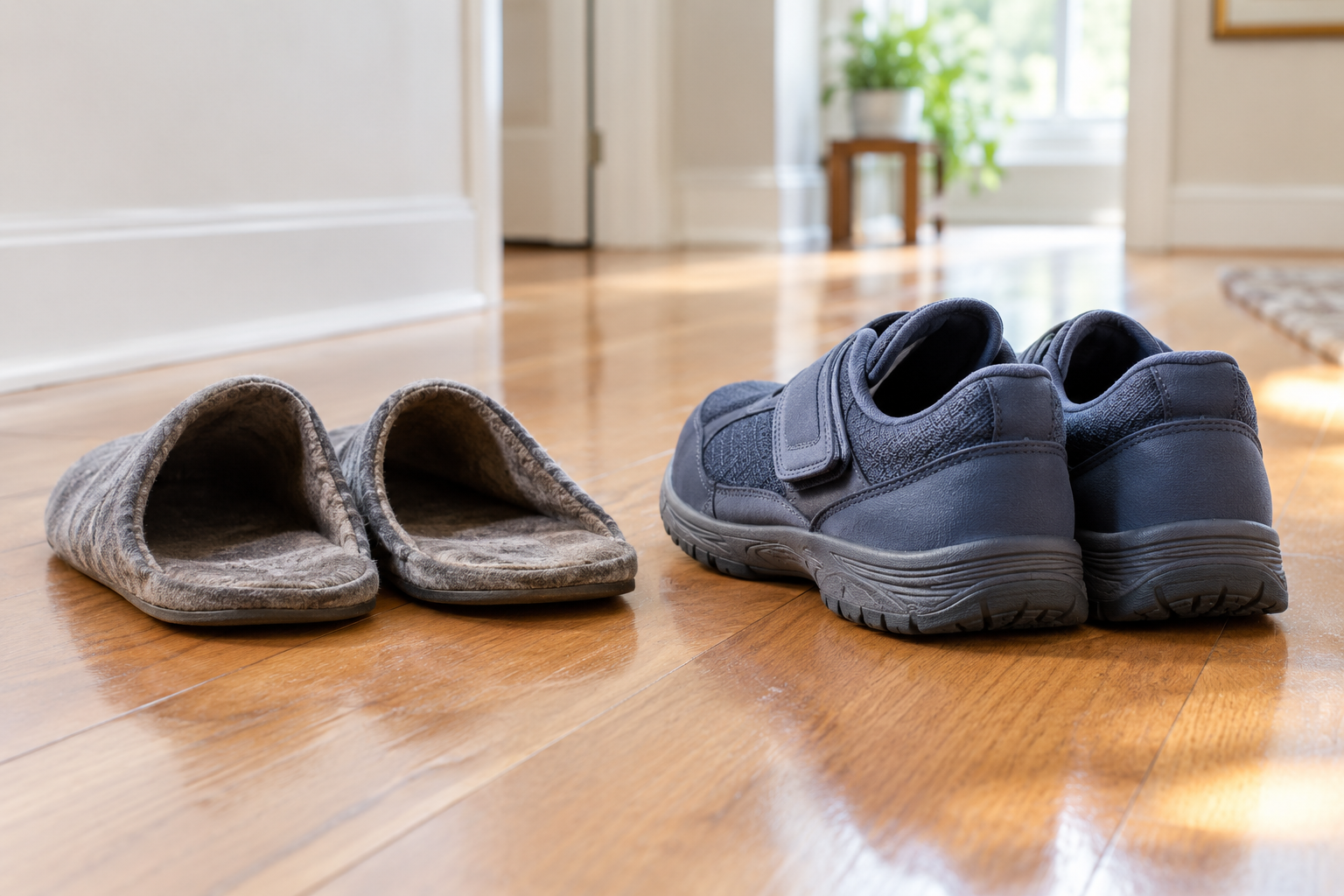 Supportive indoor shoes beside a pair of backless slippers on a hardwood floor.