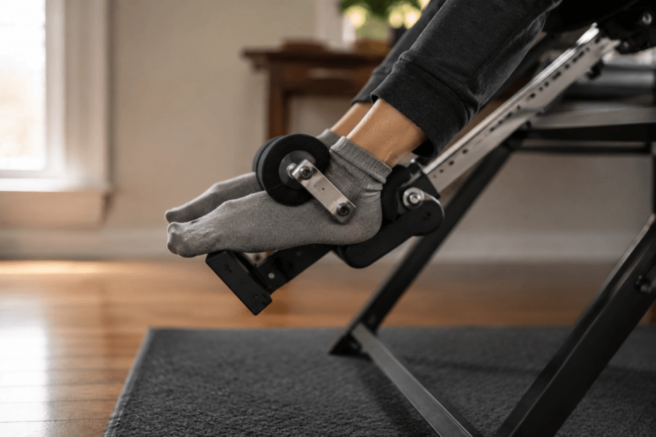 pair of feet resting in inversion table foot rests
