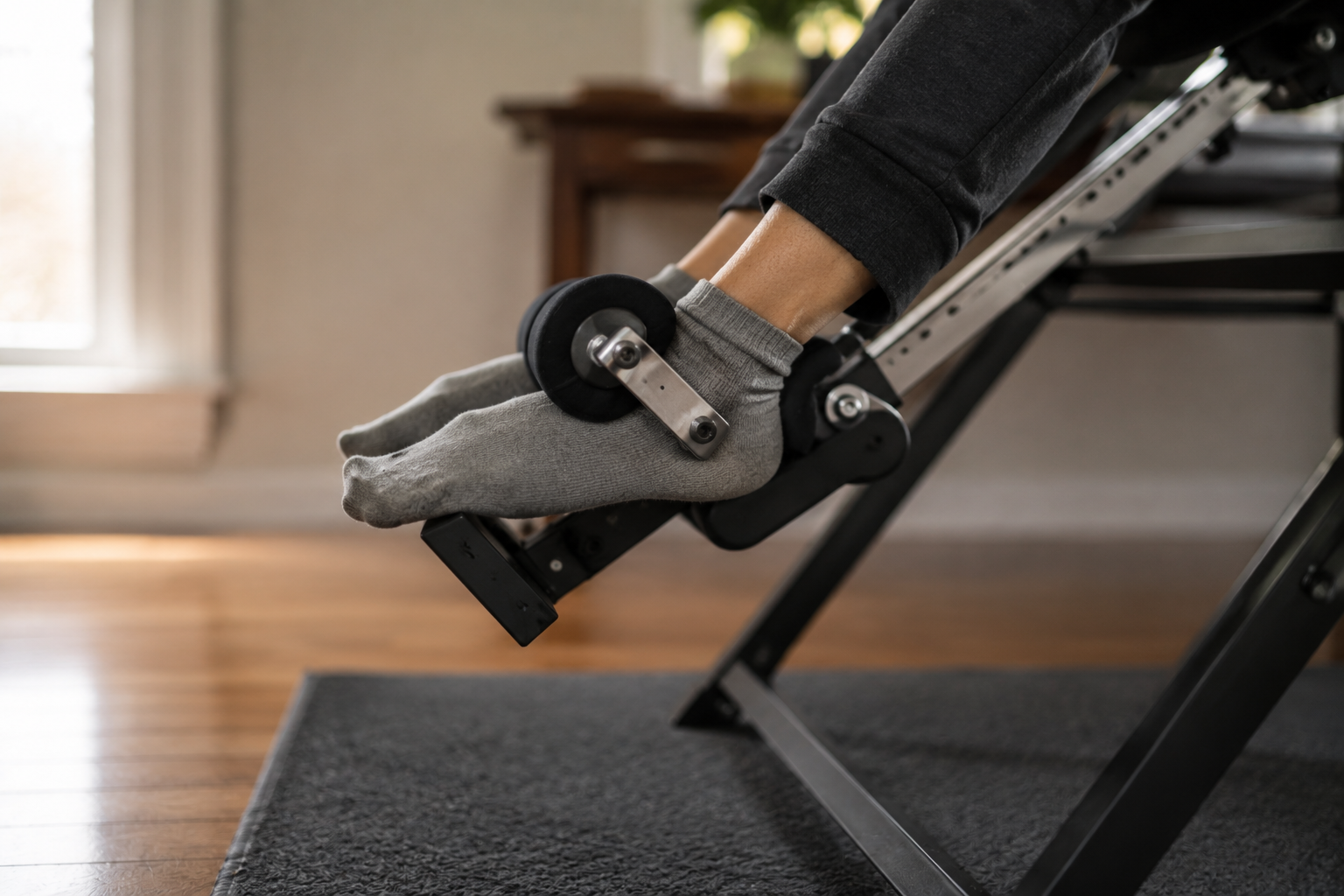 pair of feet resting in inversion table foot rests