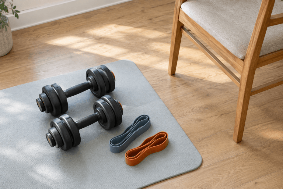 pair of dumbbells and resistance bands on floor