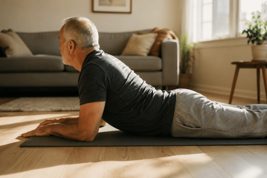 senior gentleman performing prone press up on floor