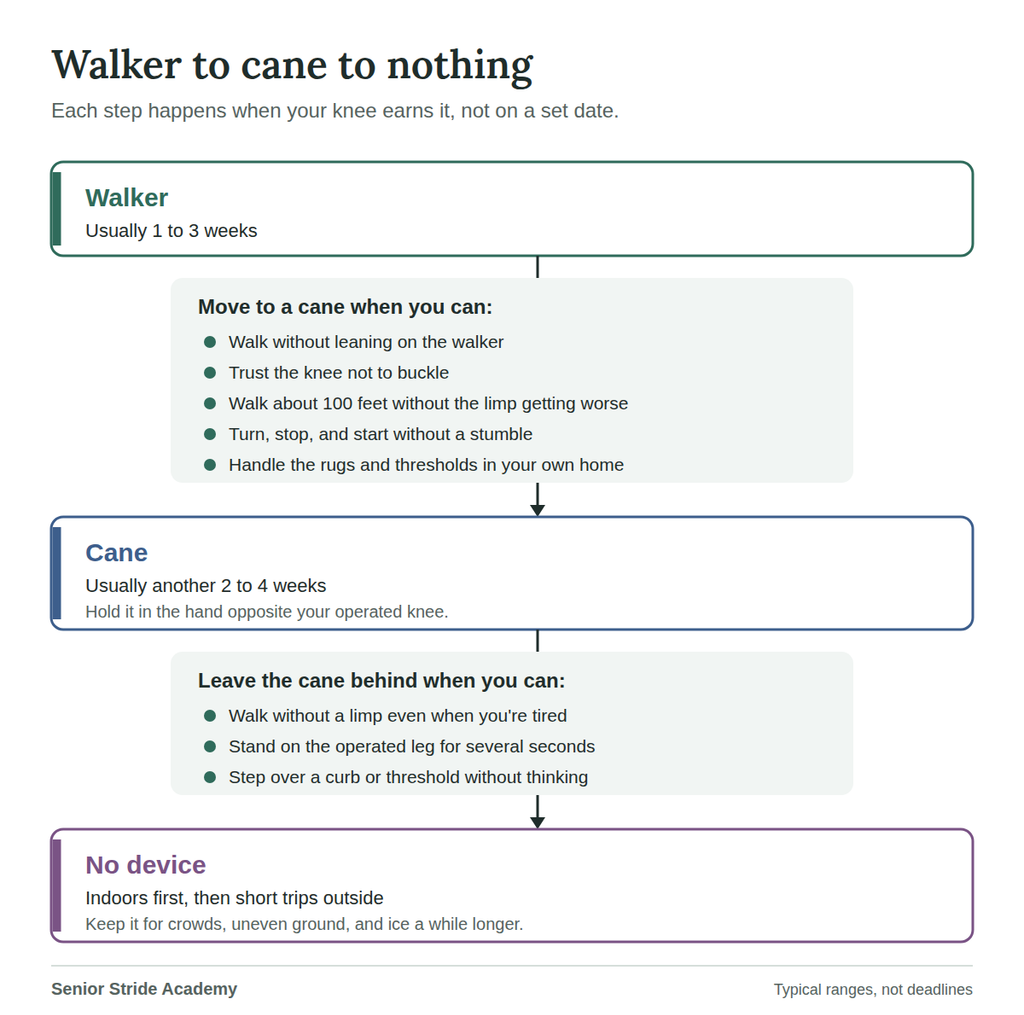 Flow chart showing the progression from walker to cane to no device after knee replacement, with the criteria for each step.