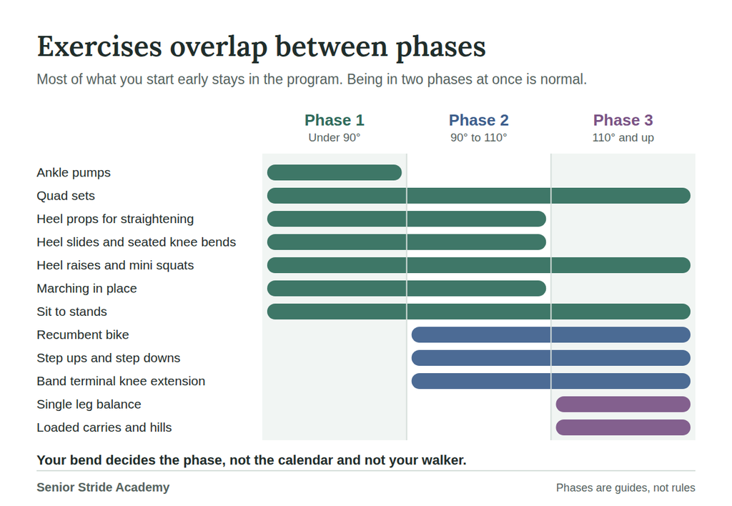 Chart showing which knee replacement exercises continue through each phase of recovery, grouped by range of motion.