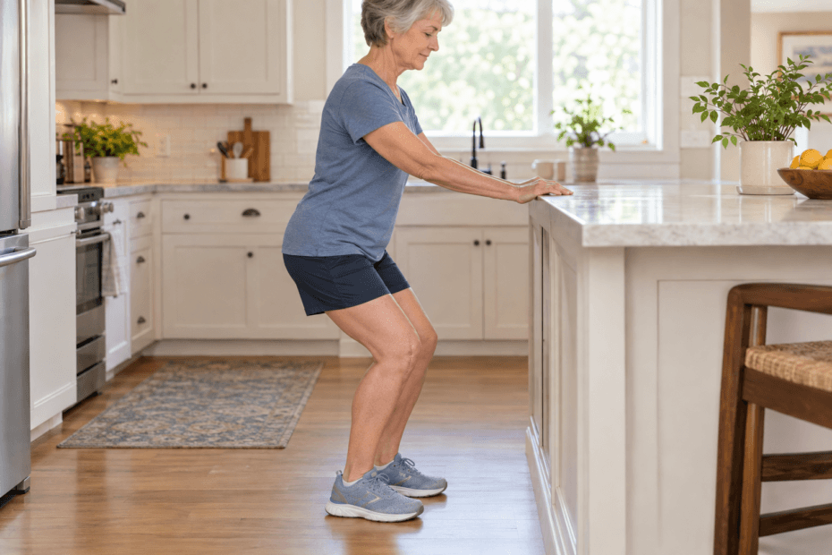 Older adult doing a knee bend exercise at home after knee replacement
