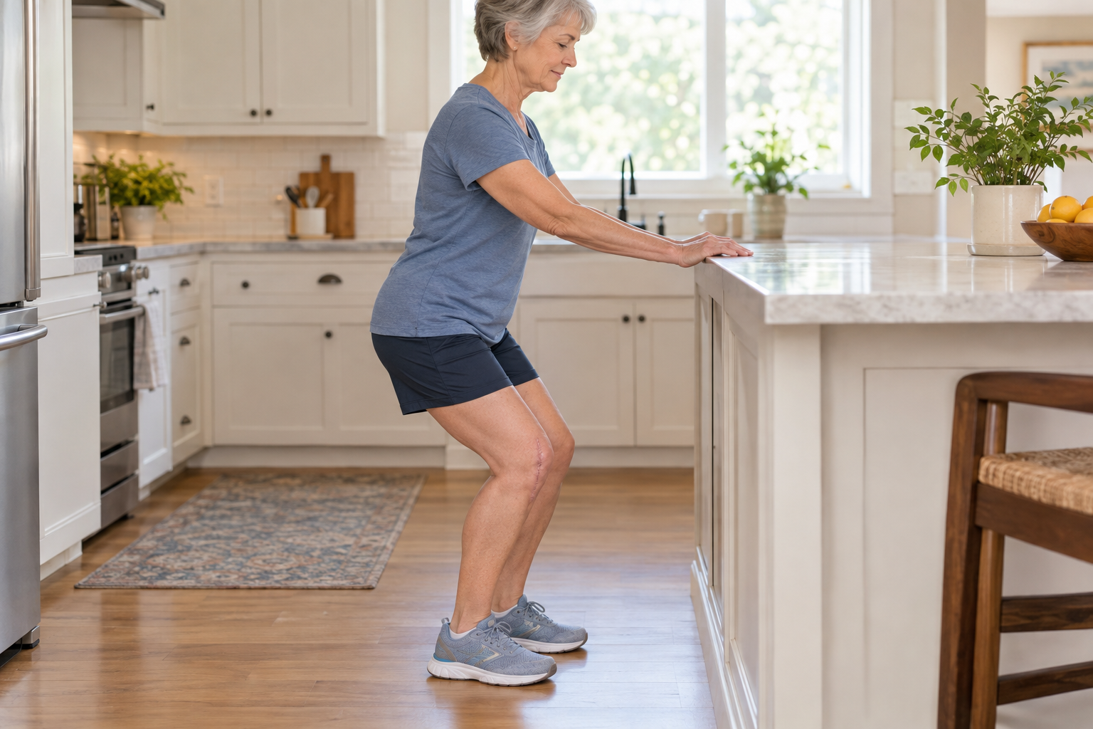 Older adult doing a knee bend exercise at home after knee replacement