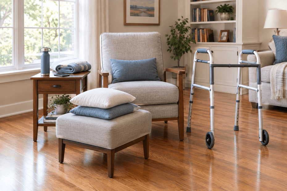 Recovery chair set up at home before knee replacement surgery with ice packs, pillows, and a walker nearby.