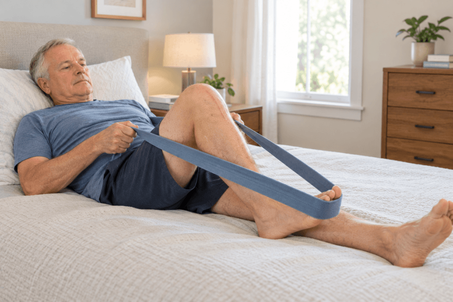 senior man performing heel slide exercise after knee replacement