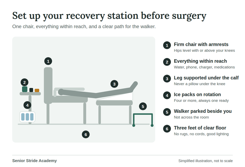 Diagram of a knee replacement recovery station with a firm chair, side table, leg elevated on an ottoman, ice packs, and a walker within reach.