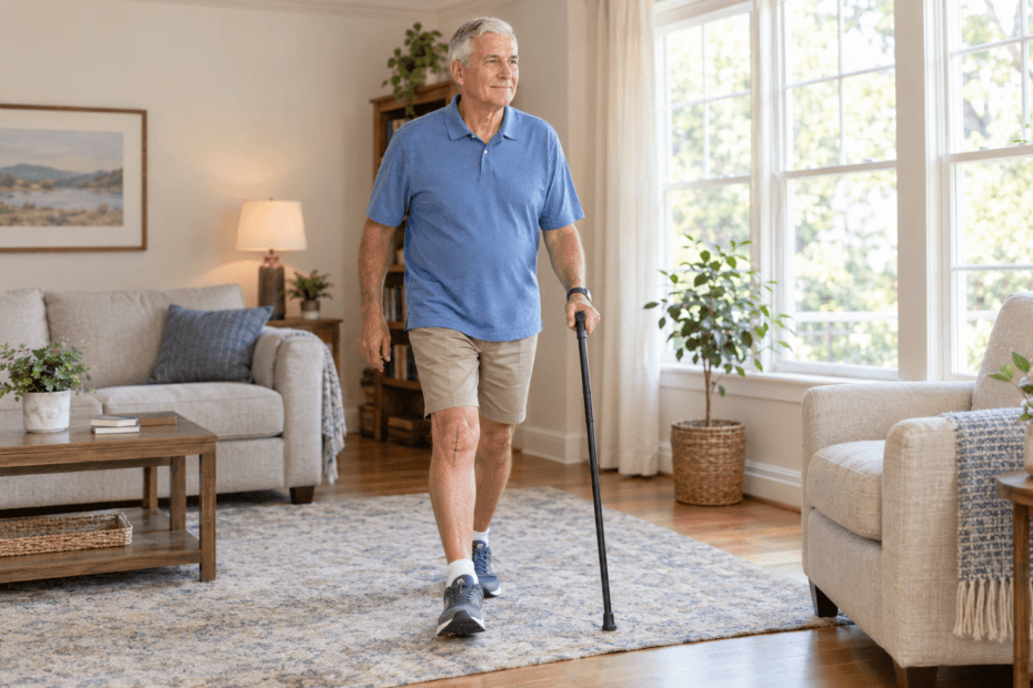 Older adult walking with a cane at home while recovering from knee replacement surgery.