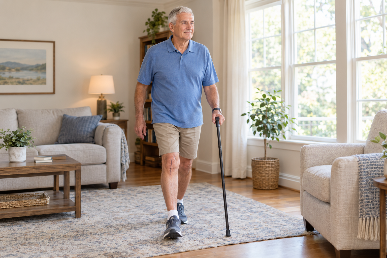 Older adult walking with a cane at home while recovering from knee replacement surgery.