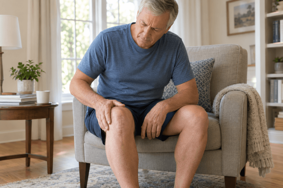 Older adult sitting with a stiff knee months after knee replacement surgery.