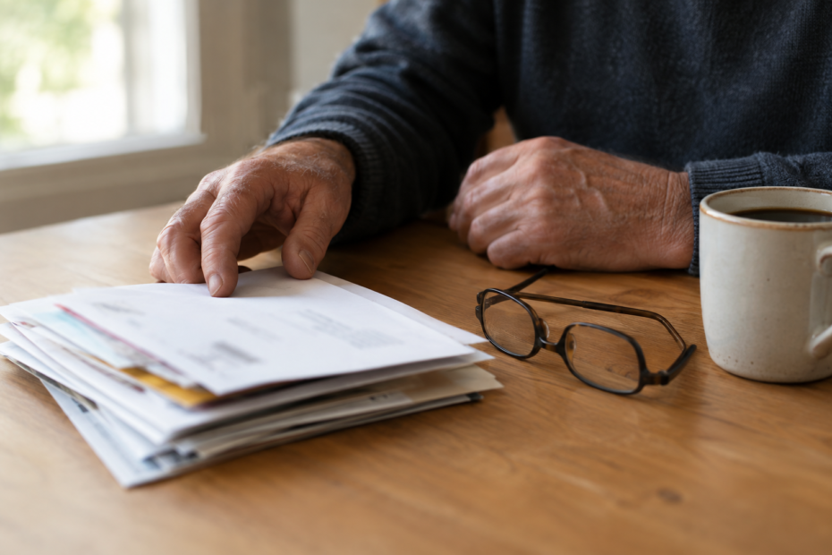 stack of papers, mug, glasses on table