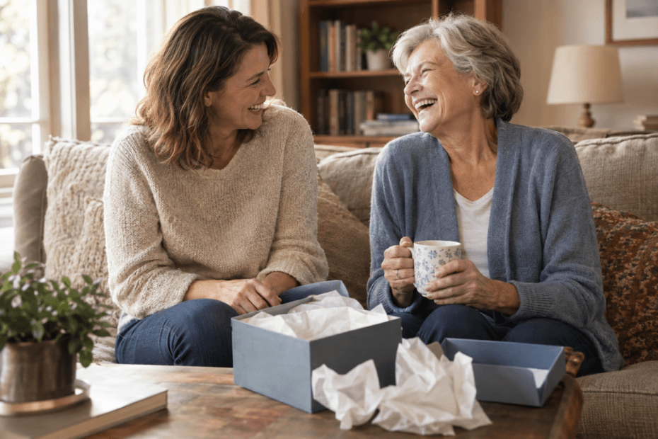 daughter giving present to senior parent
