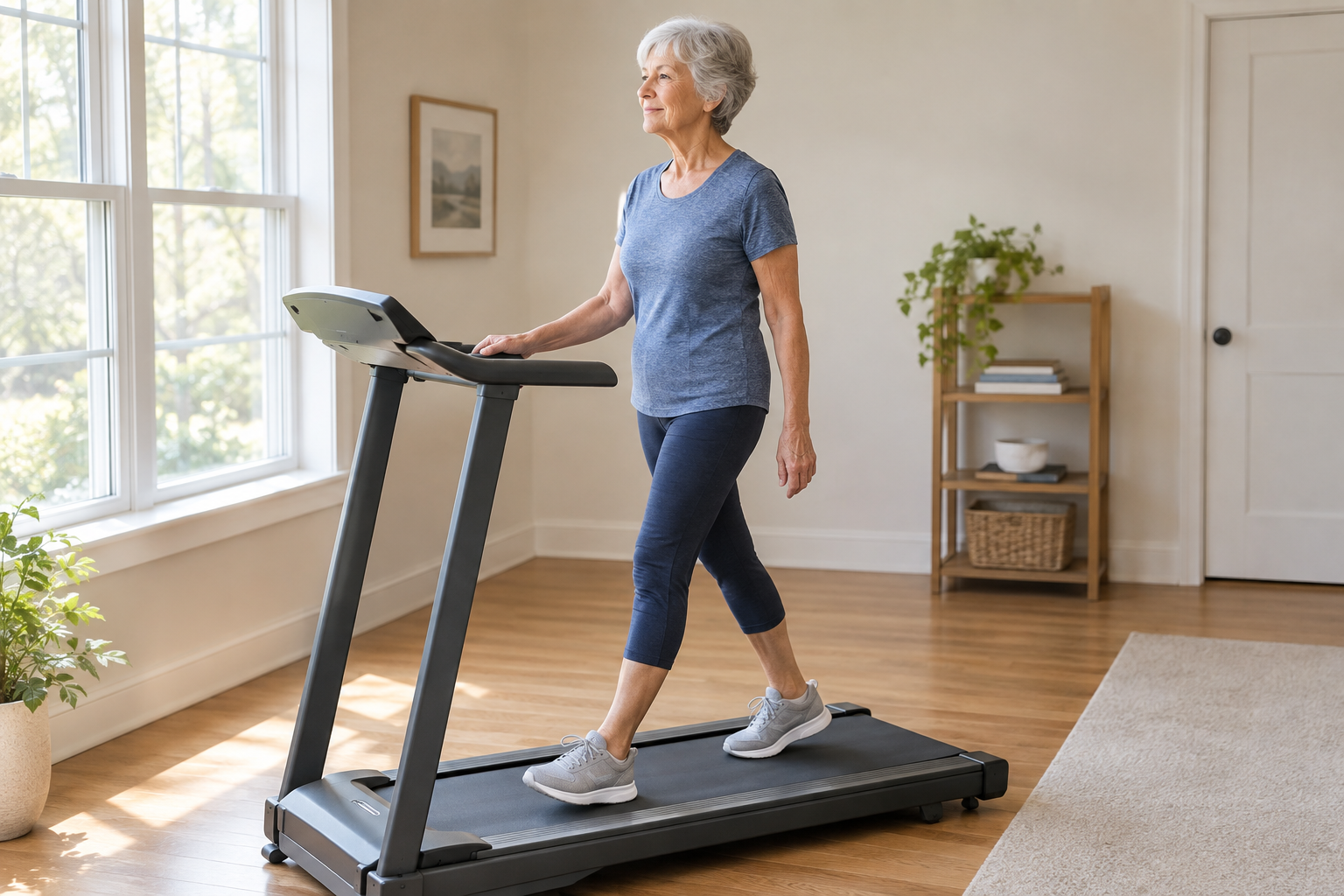 a senior using a home treadmill safely