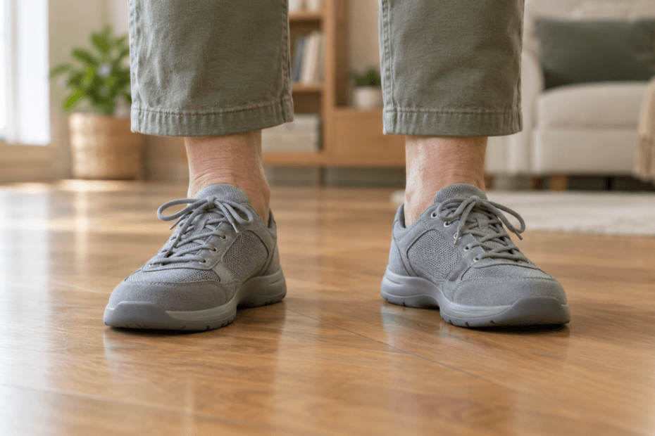 Close-up of a supportive walking shoe with a thin firm sole and low heel on a wooden floor.