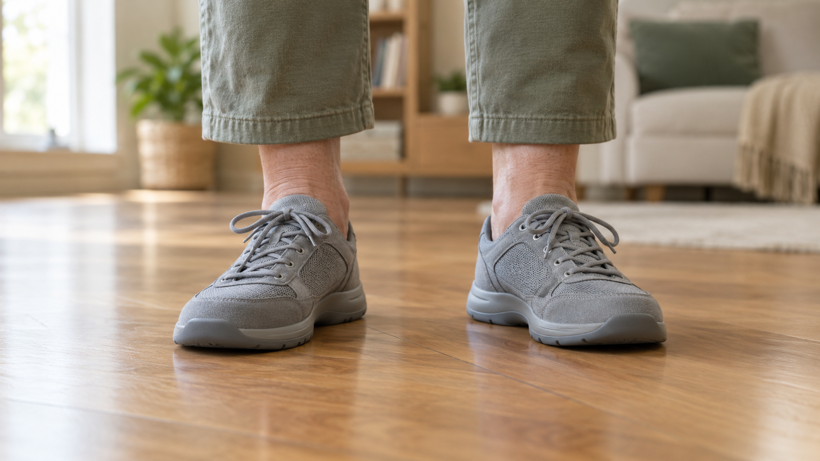Close-up of a supportive walking shoe with a thin firm sole and low heel on a wooden floor.