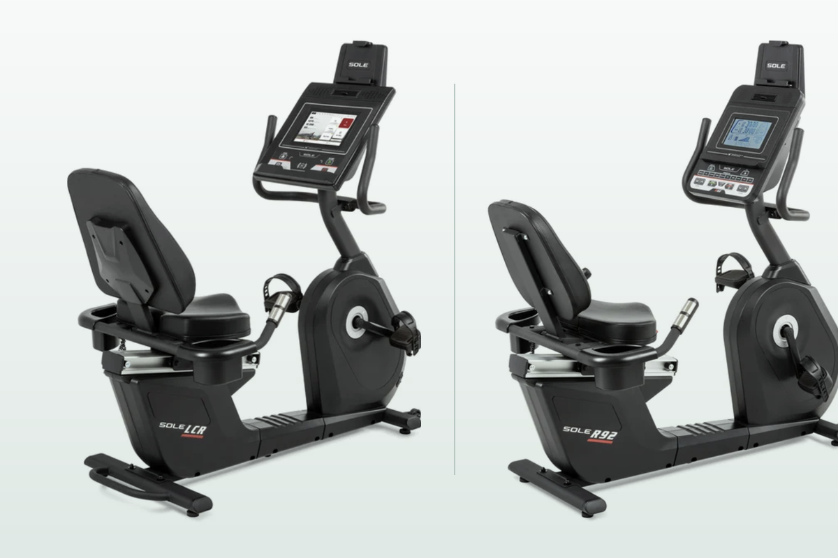 Sole LCR and Sole R92 recumbent exercise bikes shown side by side for comparison.