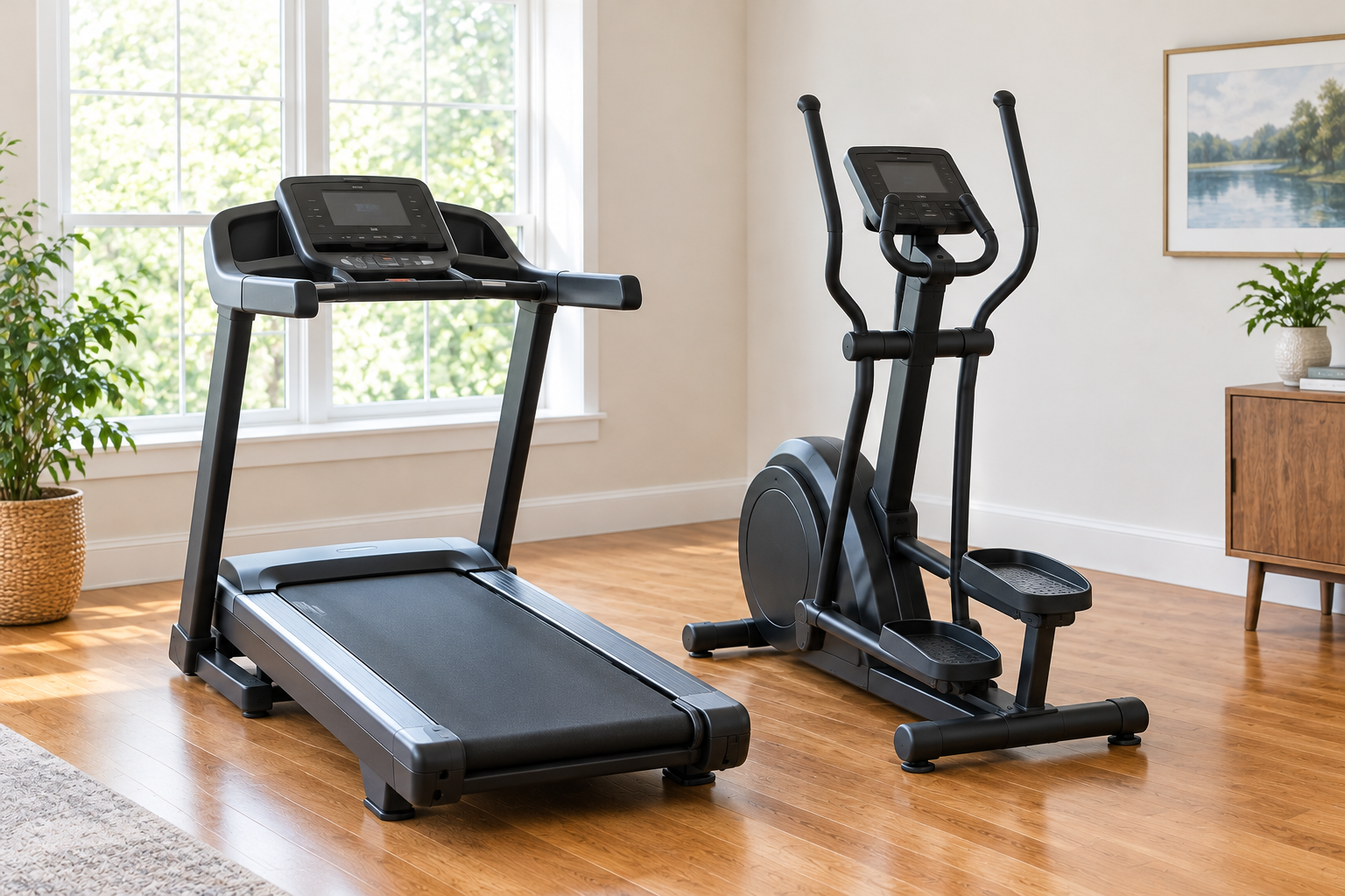 Treadmill and elliptical side by side in a home, compared for seniors