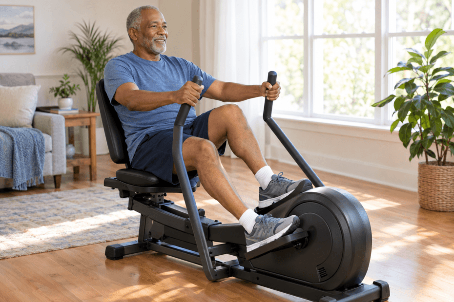 Older man exercising on a seated recumbent stepper at home